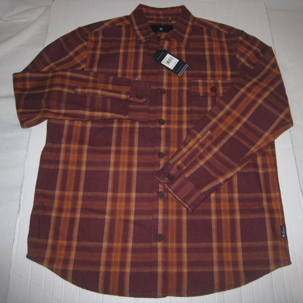 Ben Sherman Plaid Long Sleeve Button Front Shirt Flannel $119 Men's Brown Wine L